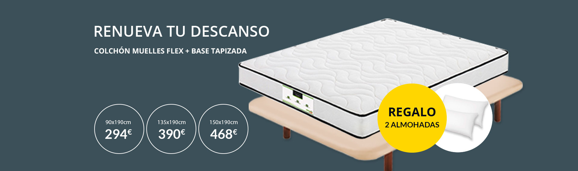 Oferta colchón FLEX, base tapizada y 2 almohadas