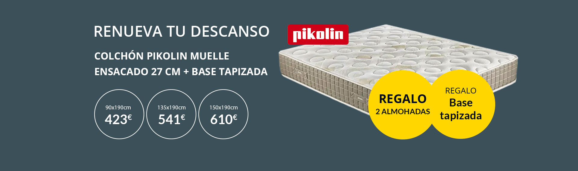 Oferta de colchón Pikolin de muelles ensacados, con base tapizada y 2 almohadas