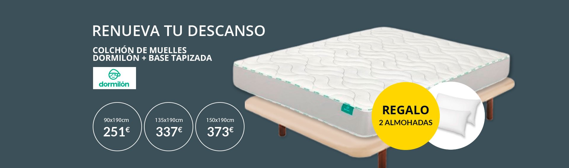 Oferta de colchón de muelles Dormilón con base tapizada y 2 almohadas